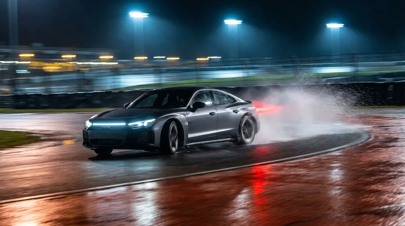 A graphite GT drifting on a wet track, made in Flowy