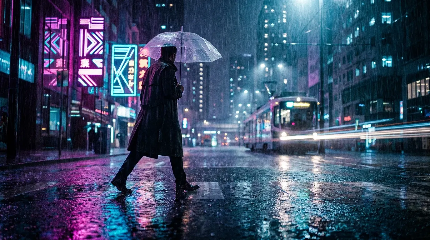 Neon rain crossing at night, made in Flowy