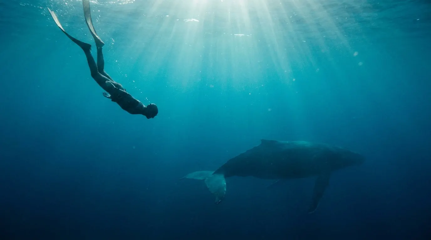 A diver beside a whale, made in Flowy
